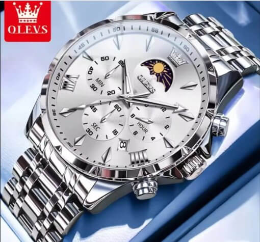 OLEVS 3653 Automatic Date Large Dial Watches Silver colour.